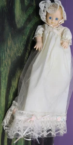 Porcelain Doll Musical Wind-up Tune Christening Gown Blue Eyes "NOT HAUNTED" - Picture 1 of 14