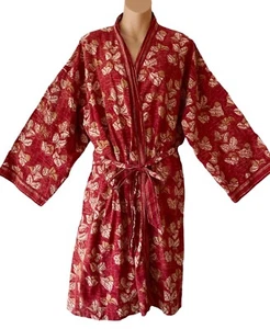 Anokhi Block Print Kimono Long Robe 100% Cotton Free Size Island Leaf Pattern - Picture 1 of 5