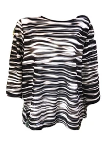 Chicos Travelers L 2 L Mesh Stripe Brown Black White 3/4 Sleeve Top - Picture 1 of 12