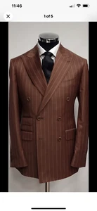 Bronze brown super 150 Cerruti double breasted pinstripe wool suit/ticket pocket - Picture 1 of 3