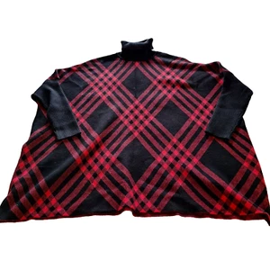 Women's  Med Turtleneck Sweater Oversized Plaid  Black Red Keren Hart 3/4 Sleeve - Picture 1 of 8