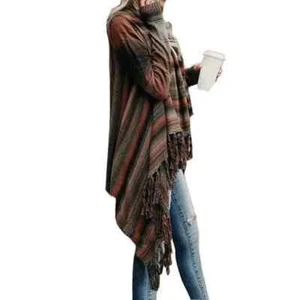 Damen offene Strickjacke vorne gestrickte Quasten Schrägstrich lose Cardigan Rundhalsausschnitt gesprenkelt Fransen - Bild 1 von 8