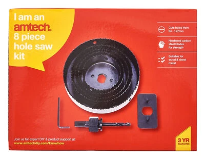 AMTECH 8pc Hole Saw Kit Wood & Sheet Metal Cuts 64 - 127mm Plumber Joiner Carpenter