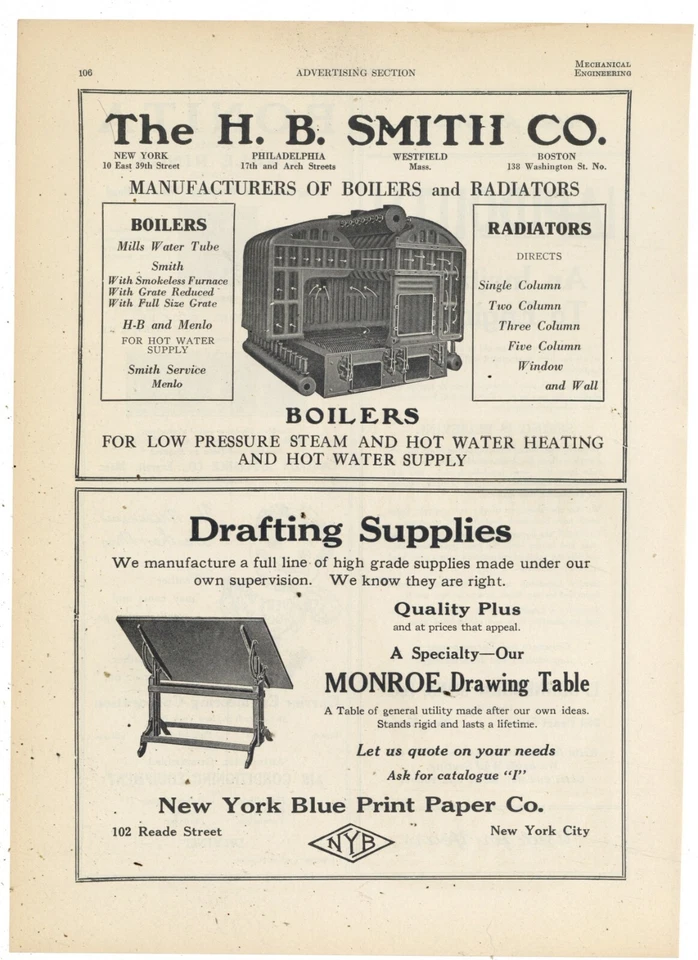1920 New York Blue Print Paper Co. Ad: Monroe Drawing Table - Drafting Supplies - Image 1 of 1