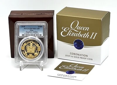 Niue 2018  $100 QUEEN ELIZABETH II Sapphire Jubilee 1 oz Gold Coin PCGS PR70 - Image 1 of 4