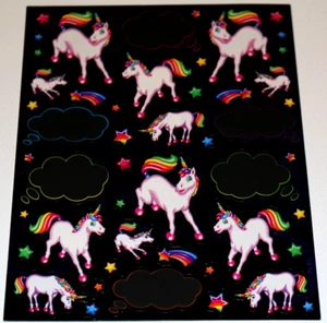 VINTAGE RARE LISA FRANK BLACK DREAM WRITERS STICKER SHEET RAINBOW UNICORNS STARS - Picture 1 of 5