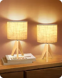 EDISHINE 2er Set Nachttischlampe aus Holz vintage beiger Lampenschirm aus Leinen - Bild 1 von 17