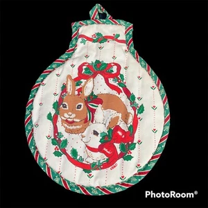 B&D Hot Pad Pot Holder Christmas Red Green Bunny Rabbits Brown White Vintage - Picture 1 of 3