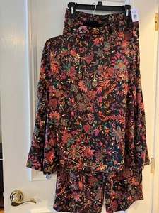 New Natori Floral Long Sleeve Satin Granada Button Down PJ Pajama Lounge Set M - Picture 1 of 8