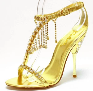 Nuevos zapatos para mujer tacones de aguja diamantes de imitación parpadeo noche boda graduación fiesta oro - Imagen 1 de 12