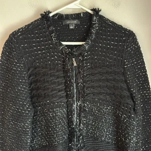 Ann Taylor Elegant Wool Black Knit sparkle fringe full zip Jacket sweater large - Picture 1 of 12
