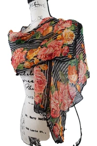 Ellen Tracy Womens Piano Scarf Silk Floral Colorful Fun 55x14 Wrap Sheer - Picture 1 of 13