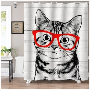 Black Cat Shower Curtain Funny Rustic Farmhouse Cute Pet Animal Kitty Shower - Picture 1 of 5