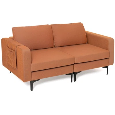 Modern Loveseat Linen Fabric 2-Seat Sofa Couch w/ Side Storage Pocket Orange - Image 1 of 4