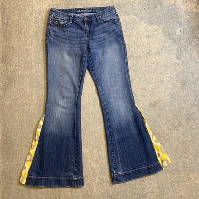 Pantalones de mezclilla INC para mujer 8 azules calce regular pierna acampanada adornados boho margarita Foto 1 de 4