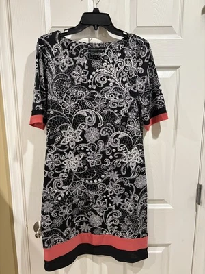 Madison Leigh Shift Dress Women Size 10 Black, White Floral With Coral Sripe - Image 1 of 4