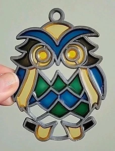 Vtg Stained Glass Sun Catcher Window Metal Owl Bird Grumpy Acrylic Ornament 4" - Picture 1 of 7