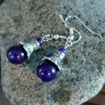 Handcrafted Purple Malaysia Jade Silver Plated Pewter Dangle Earrings - Image 1 of 4