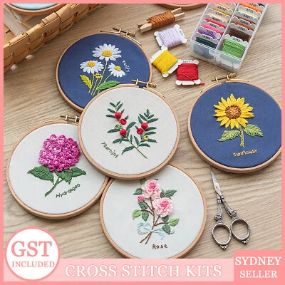 DIY Flowers Pattern Embroidery Kits Craft Beginner Needlepoint Hoop Cross Stitch - image 1 of 4