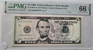 $5 2006 Federal Reserve Note Boston FANCY STAR Note PMG 66 EPQ Gem UNC - Picture 1 of 2