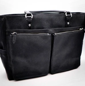 Tumi Black Leather Tote Bag Laptop Carrier w/ Sleeve Large Travel Commuter - Picture 1 of 14