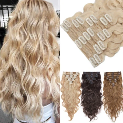 Волнистые настоящие толстые зажимы для наращивания человеческих волос на всю голову двойная утка 140 г сделано в США 8 шт. - Изображение 1 из 4