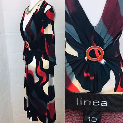 Linea Size 10 Buckle Smart Ladies Office Party Pencil Stretchy Red Black Dress - Image 1 of 4