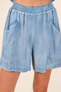 Pantalones Cortos Mittoshop Lavado Cambray Cintura Elástica Bolsillos Ajuste Fácil en Azul Claro - Imagen 1 de 9