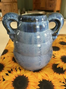 Vintage Fulper 6 1/2" Blue Double Handled Ribbed Beehive Pottery Vase "818 S" - Picture 1 of 6