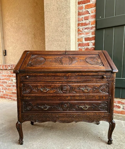 Antique French Carved Oak Secretary Desk Bureau Drop Front Louis XV Style Cover