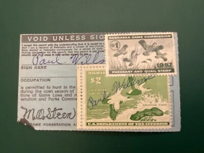 ICOLLECTZONE US RW24 Duck stamp 1957 & Nebraska Hunting stamp on license fresh - Image 1 of 2