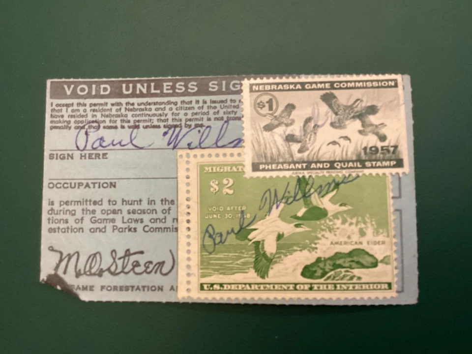 ICOLLECTZONE US RW24 Duck stamp 1957 & Nebraska Hunting stamp on license fresh - Image 1 of 2