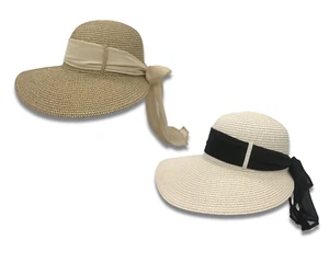 Women's Asymmetrical Wide Brim Summer Floppy Beach Straw Hat With Tied Ribbon - Picture 1 of 16