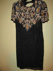 Gold & Black BEADED DRESS with Black Lining Size Medium 100% Silk Made in India - Picture 1 of 10