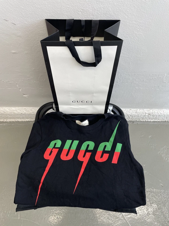 Auténtico Suéter GUCCI PARA HOMBRES Negro 100% Algodón Verde Hoja Roja Estampado Logo Talla S Foto 1 de 4