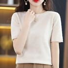 Summer Round Neck Faux Cashmere Sweater Women Short Sleeved Pullover T-Shirt Top