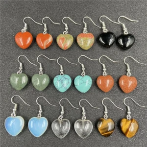 10 Pairs Natural Mixed Gemstone Love Heart Reiki Chakra Healing Earrings 16mm - Picture 1 of 12