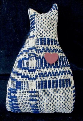 Antique Woven Wool Overshot Blue Coverlet 8" Stuffed Cat Small Pillow~Red Heart - Image 1 of 4