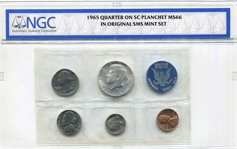 1965 SMS - ERROR - 25c ON 5c PLANCHET SLABBED  IN ORIGINAL SMS HOLDER - NGC MS66 Cover