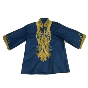 African Dashiki Top Kaftan Tunic embroidered Blue Gold Diamante Med/Large - Picture 1 of 12