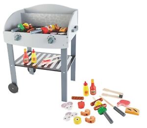 Little Town Wooden BBQ Cart Grill with Accessories 28 Pcs - Pretend Play Age 3+