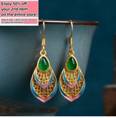 Green Jade Drop Dangle Earrings Hollow-carved Gemstone Ear Hook 18K Gold Plated - Image 1 of 4