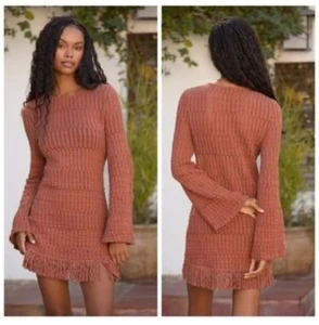 Anthropologie Long-Sleeve Knit Mini Dress Fringe Bottom Brown Bell Sleeves Sz M - Picture 1 of 12
