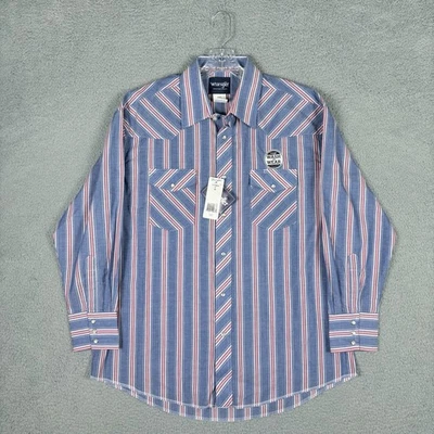 Vintage Wrangler Western Shirt Men’s 17x34 Blue Striped Pearl Snap Retro Cowboy - Image 1 of 4