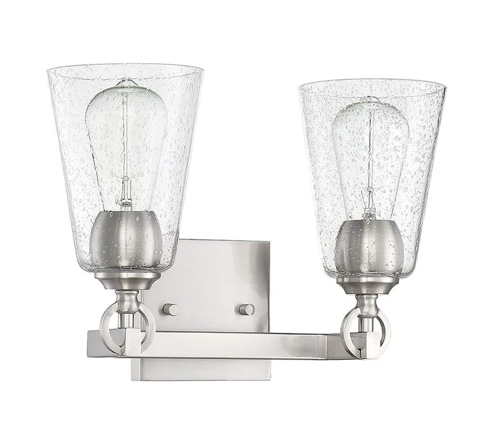 Sunset Lighting Arden 2-Light Vanity, Clear Seedy Steel Round Glass Bright Satin - Image 1 of 1