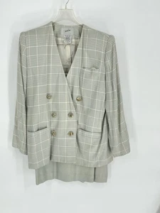 Vtg Jacqueline Ferrari 14 Petite Skirt Suit Green White Checked Stained Lined - Picture 1 of 22