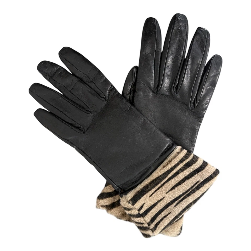 Guantes de cuero Labonia Italia estampado de cebra puño mafia esposa cachemir forrados de lana negros Foto 1 de 4