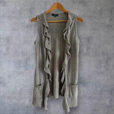 E-vie  Sleeveless Grey Frilled waterfall soft Cardigan Size 14 - Image 1 of 3