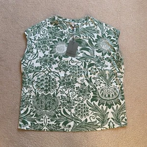 Brandneu mit Etikett Next x Morris Co bedrucktes Blumen Flügelärmel Rundhalsausschnitt T-Shirt grün weiß Größe 16 - Bild 1 von 7