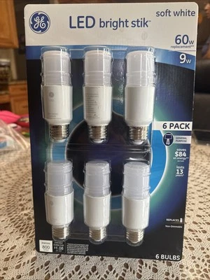 GE Bright Stik 9w LED Light Bulb 60W replacement Soft white (6-Bulbs) 2700k NEW - Image 1 of 4